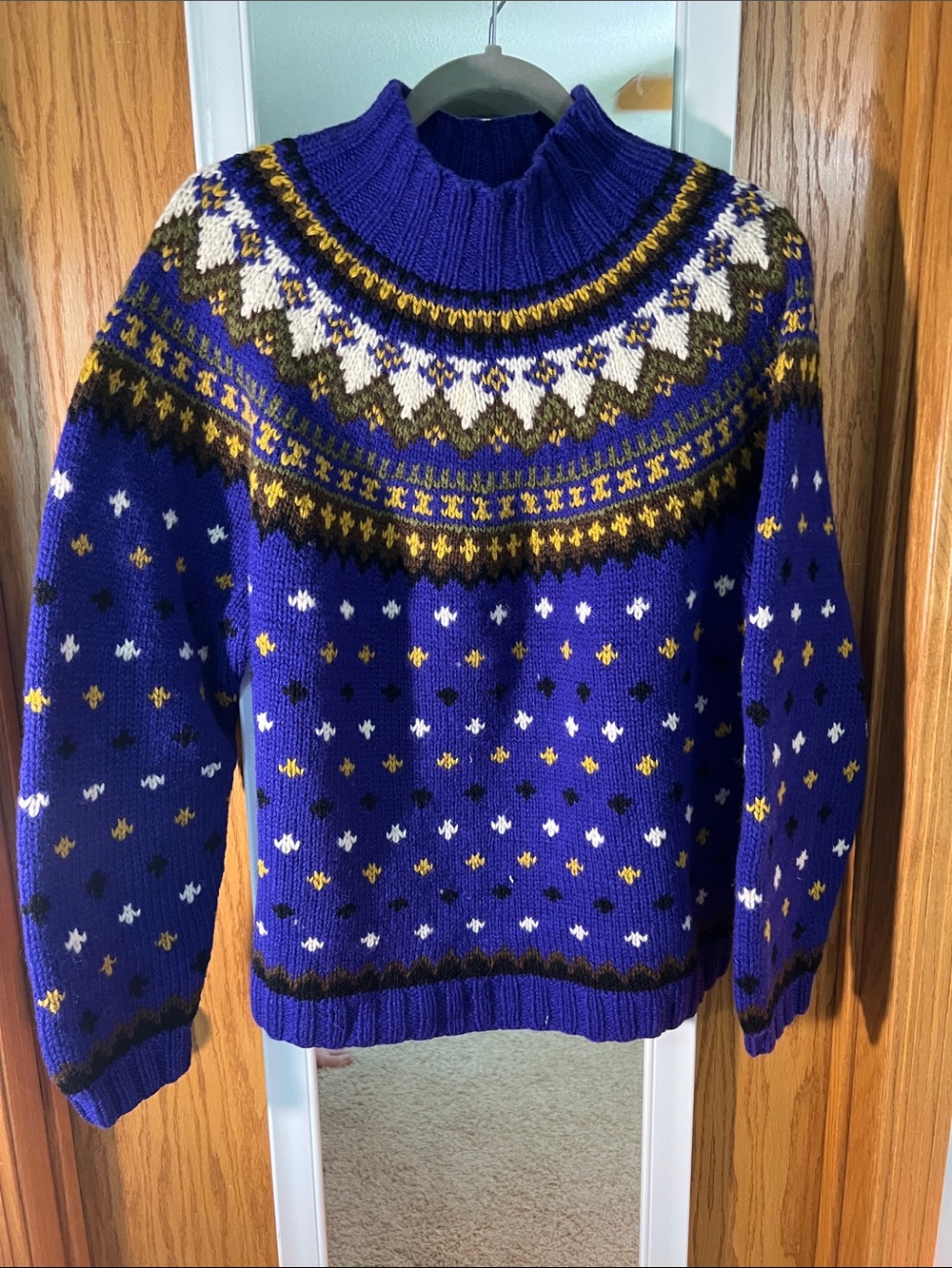 Vintage 100% Wool Men's Royal Blue Fair Isle Turtleneck Sweater